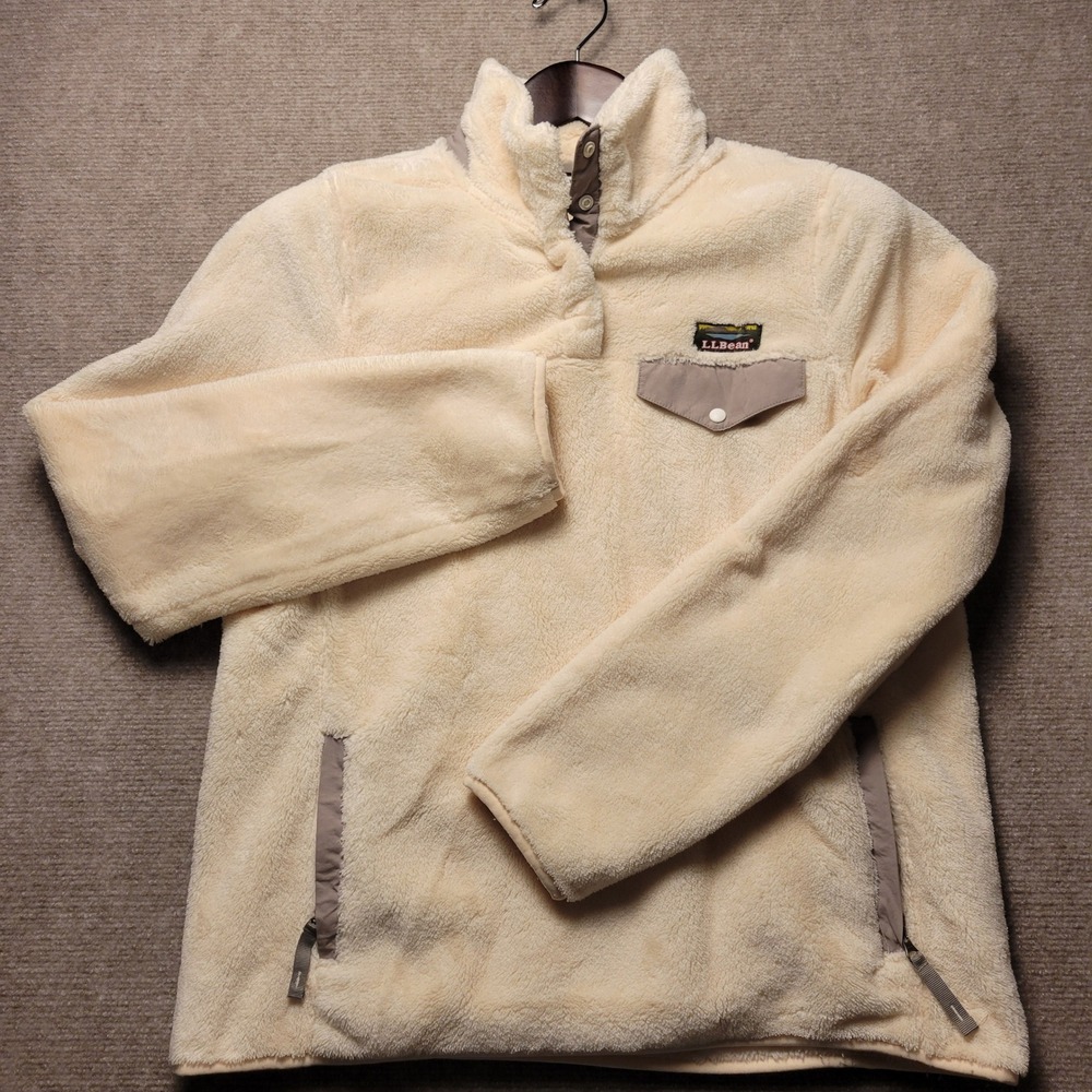 LL Bean Hi-Pile Fleece Pullover Womens M Cream Tan Snap Neck Pocket Jacket